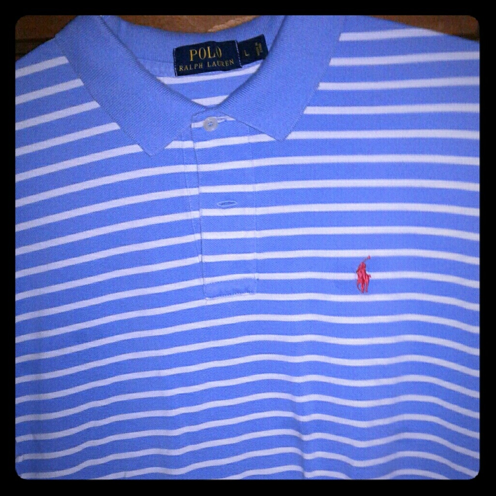 Blue and white striped polo shirt